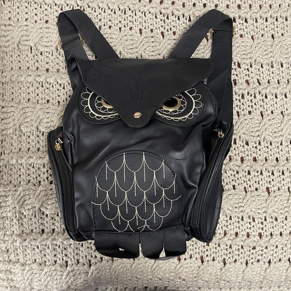 Owl Backpack Black Faux Leather Embroidered Eyes Side Zipper Pockets Cute‎ Bag - Picture 2 of 16